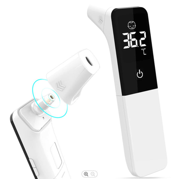 Digital baby thermometer features showing how the ear mode measurement can be taken by removing the nozzle cap in front of the thermometer